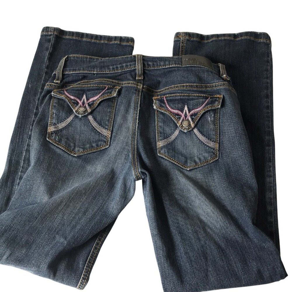 DKNY jeans slight flare low rise distressed flap button embroidered pocket 29x30